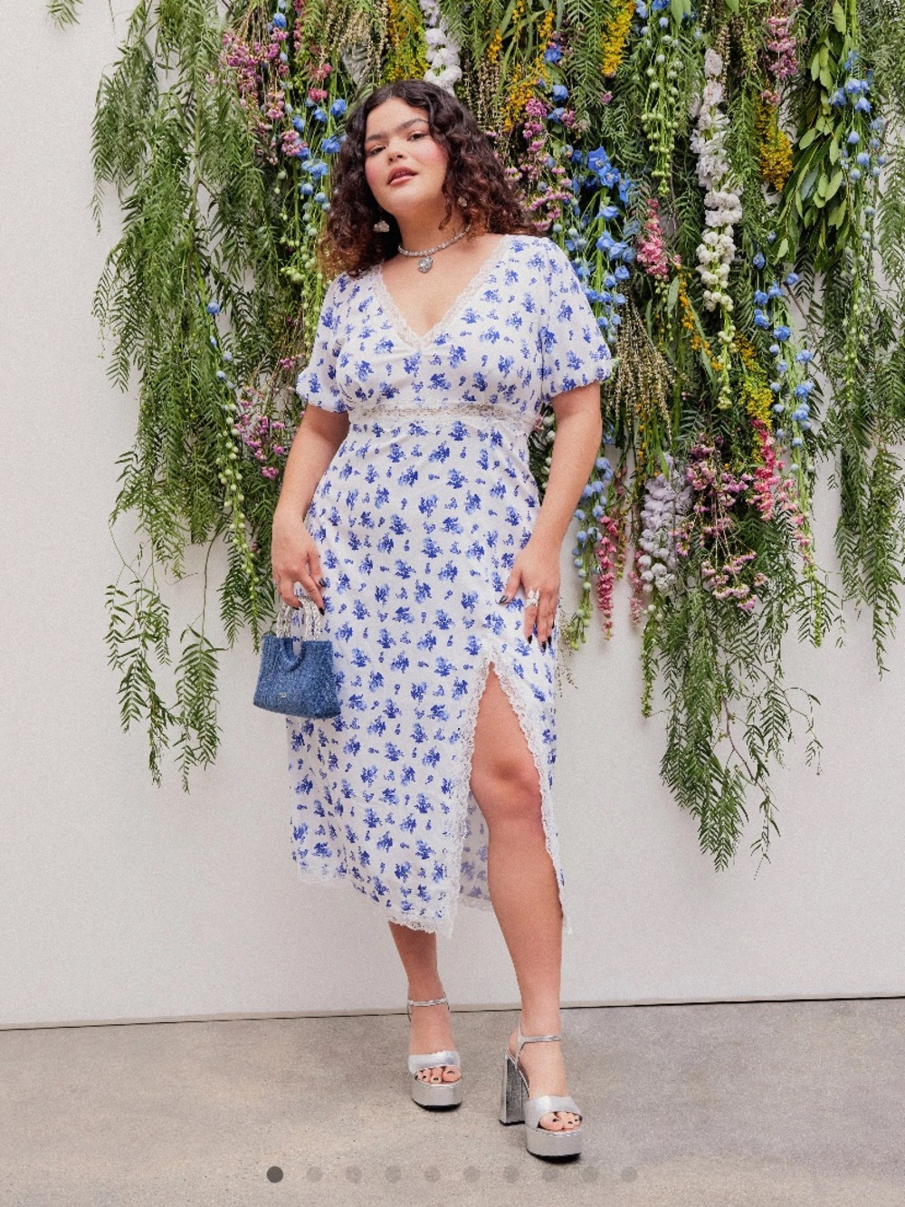 Cider Floral Lace Trim Split Midi Dress